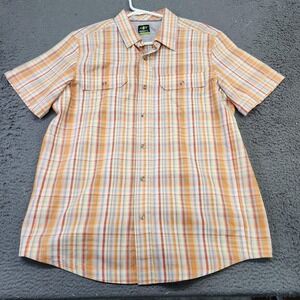 NordicTrack Shirt Mens Large Orange Plaid Short Sleeve Button Front Outdoor